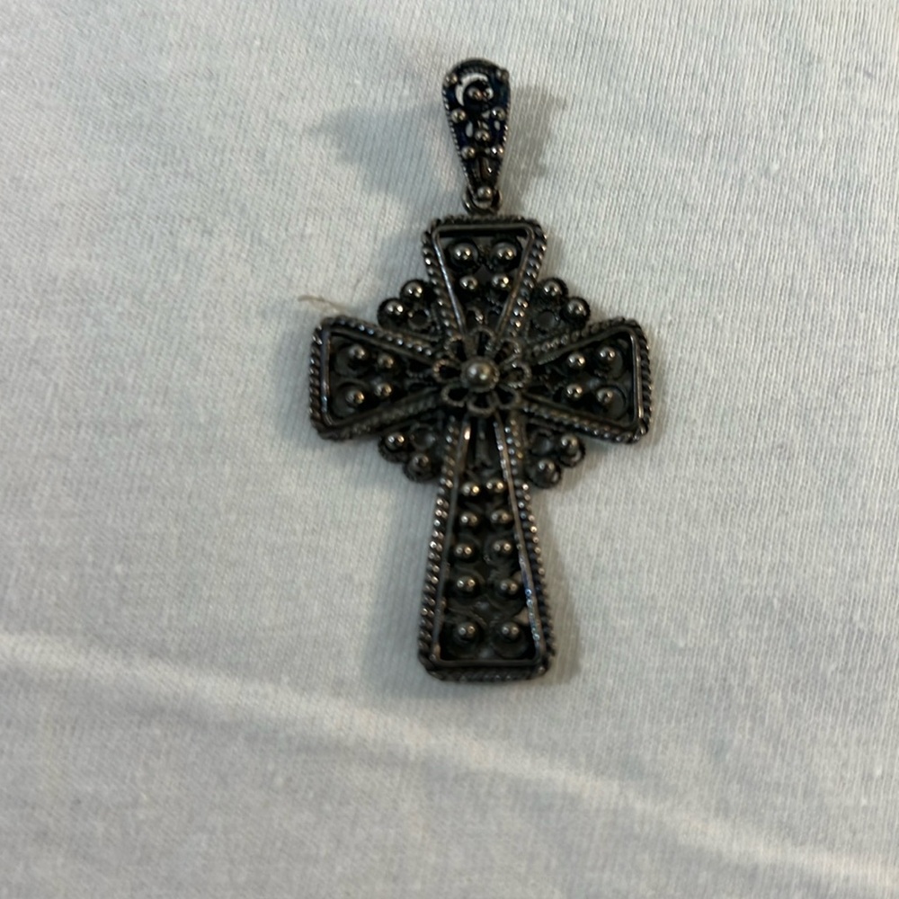 Ornate Metal, silver & black Cross pendant